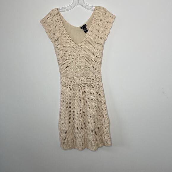 Moda International Crochet Dress Womens Medium Cream Knit Festival Y2K Vtg Boho - Picture 3 of 12